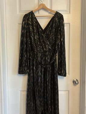 Guess Black Dress with Gold Metallic Stripes, Long Sleeve Wrap